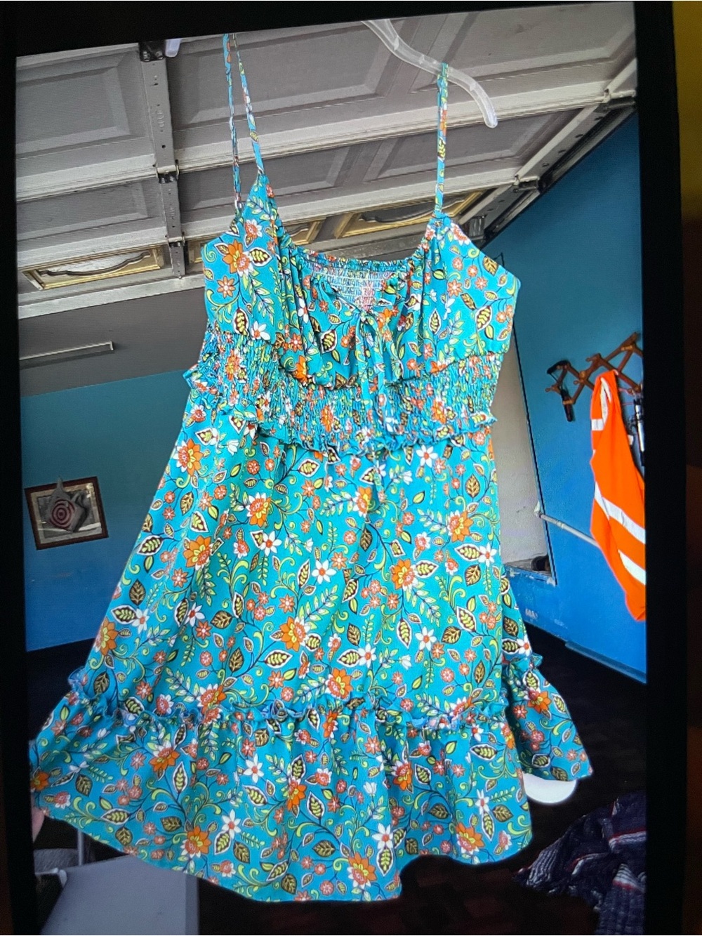 SHEIN Teal Floral Smocked Sundress with Ruffle Hem